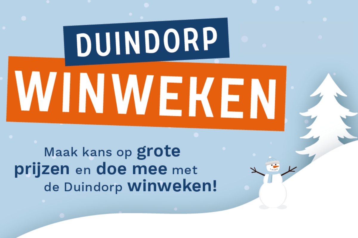 Illustratie van Duindorp WINweken met sneeuw en een sneeuwpop. Tekst: DUINDORP WINWEKEN - Maak kans op grote prijzen en doe mee met de Duindorp winweken